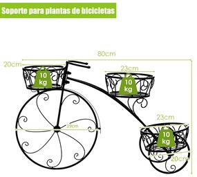 Floreira Suporte vasos Bicicleta estilo parisiense com 3 Cestos Ocos Decorativos para uso interior e exterior Preto
