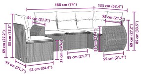 5 pcs conj. sofás jardim c/ almofadões vime PE cinzento-claro