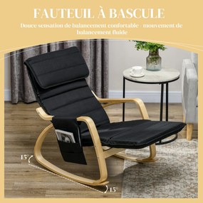 Cadeira de baloiço relaxante basculante para amamentação com apoio para os pés ajustável, bolso lateral e apoio para a cabeça, preta