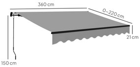 Toldo Manual Retrátil 360x220 cm Toldo para Balcão com Manivela de Alumínio e Proteção UV30+ Toldo Enrolável de Exterior Cinza