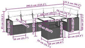 7 pcs conjunto sofás p/ jardim c/ almofadões vime PE cinzento