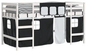 Cama alta criança c/ cortina 80x200cm pinho maciço branco/preto