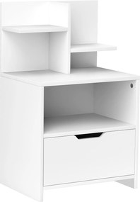 Mesa de Cabeceira de Madeira Moderna com Gaveta e Prateleiras de Armazenamento 45x35x73 cm Branco