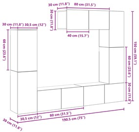 Conjunto de TV com 7 peças, montado na parede, em madeira envelhecida