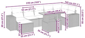 8 pcs conjunto de sofás p/ jardim com almofadões vime PE bege
