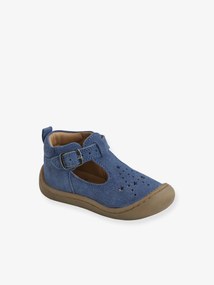 Agora -25% | Sapatos em pele suave, para bebé, especial gatinhar azul-ganga