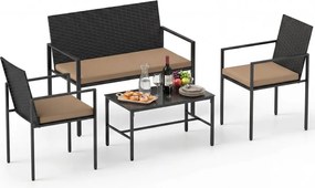 Conjunto de jardim de 4 peças em rattan para exterior: cadeiras, sofá, mesa de café em vidro temperado e almofadas macias; ideal para jardim, alpendre