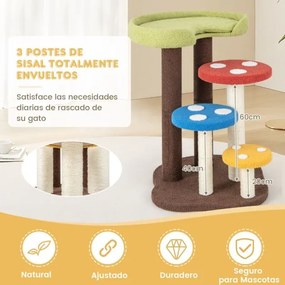 Arranhador para gatos 3 em 1 em forma de torre de 5 níveis com 3 postes de sisalTapete com plataformas amovíveis multicoloridas