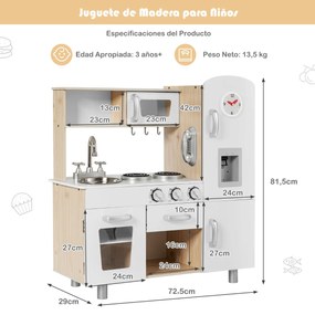 Cozinha de brincar em madeira com telefone, fogão, geladeira, micro-ondas, pia removível, dispensador de água, cozinha para crianças