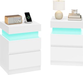 Conjunto de 2 Mesas de cabeçeira 35 x 40 x 55 cm com iluminação e com base de carregamento Brancas