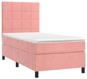 Cama box spring c/ colchão/LED 100x200 cm veludo rosa