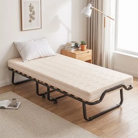 Cama Auxiliar Dobrável, 200 x 80 x 42 cm, Colchão Viscoelástico e Rodas, Preto