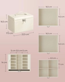 Caixa para joias de 4 níveis 17,5 x 22,5 x 16,5 cm com pega e espelho Branco creme
