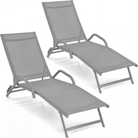 Conjunto de 2 espreguiçadeiras de exterior, poltronas reclináveis com 5 posições de ajuste e assento respirável, para pátio, jardim e piscina, cinza