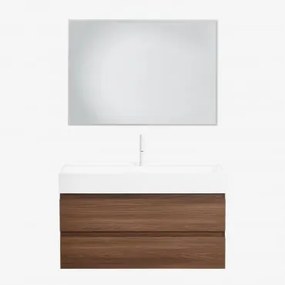 Conjunto De Móvel De Casa De Banho Suspenso Em Madeira E Folha De Freixo Com Lavatório Integrado Ona Madeira Escura & Led - Sklum