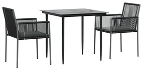 3 pcs conjunto jantar p/ jardim c/ almofadões vime PE/aço preto