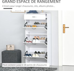 Sapateira com 3 portas basculantes e gaveta deslizante - 62 x 24 x 135 cm - puxadores em alumínio. Painéis em aglomerado branco