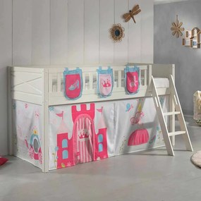 Conjunto cama alta Infantil SCOTT + cortina de brincar PRINCESAS + 3 bolsos de arrumação Branca