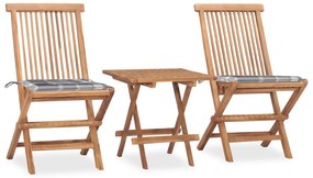 3 pcs conj. jantar dobrável exterior c/ almofadão teca maciça