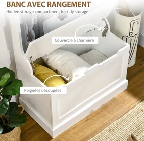 Móvel de entrada 4 em 1,  com banco com espaço de arrumação e 4 ganchos duplos, 71,5 x 39,5 x 170 cm, branco