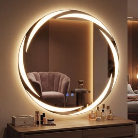 Espelho LED redondo de 80 cm para casa de banho, com luzes em 3 cores, antiembaciamento e luz traseira regulável, prateado