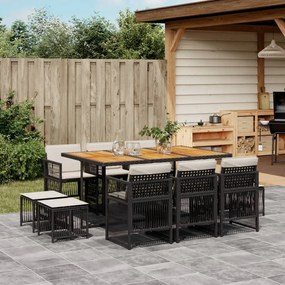 11 pcs conjunto de jantar p/ jardim c/ almofadões vime PE preto