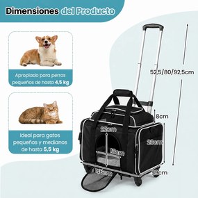 Transportadora para Animais de Estimação, 46 x 29 x 28 cm, 3 em 1 com Rodas Removíveis, Preto