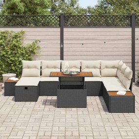 Conjunto de sofá de jardim com 9 peças e almofadas pretas de rattan, p