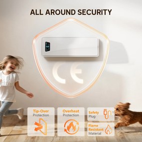 Aquecedor Elétrico de Baixo Consumo de Parede 2000W com 3 Modos Ecrã LED Termostato Temporizador e Oscilação 54x18,7x14,5 cm Branco