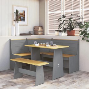 Mesa de jantar com banco pinho maciço castanho mel/cinzento