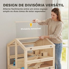 Gaiola para Hamster de Madeira de 3 Níveis com Bebedouros Casotas Baloiços Bandeja Amovível e Tampas Rebatíveis Natural