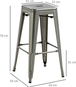 Conjunto de 4 bancos de bar industriais empilháveis (MESA NÃO INCLUIDA), com altura do assento de 76 cm, em metal prateado