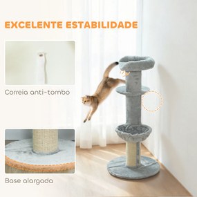Arranhador para Gatos 103,5 cm Torre para Gatos com Cama Rede Plataforma Poste de Sisal Extra Grosso Bola Pendurada Cinza Claro