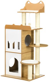 PawHut Arranhador Gatos 133 cm Caverna Plataformas Bola Suspensa Postes Sisal Estável Confortável 60x48x133 cm Carvalho | Aosom Portugal