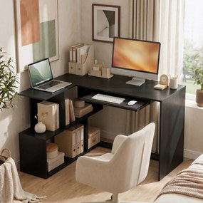 Secretária de canto, 120 x 100 x 76 cm, secretária em L para computador com suporte para teclado, 4 compartimentos abertos, preta