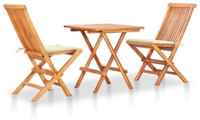 vidaXL Conjunto bistrô c/ almofadões cor creme 3 pcs teca maciça