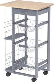HOMCOM Carrinho Auxiliar com Rodas Carrinho de Cozinha com 3 Cestos Metálicos Gaveta 2 Suportes 47x37x83 cm Cinzento | Aosom Portugal