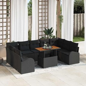 vidaXL Conjunto de Jantar de Jardim de 10 Peças com Almofadas Pretas em Vime e Acácia