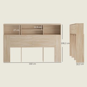 Cabeceira de Cama com Arrumação, 160 x 20,2 x 108,2 cm, 4 Compartimentos Abertos, cor Madeira Natural