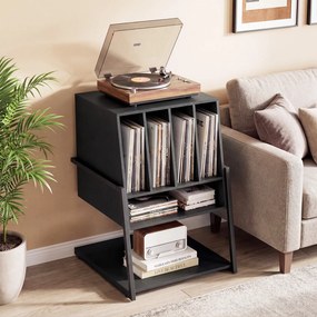 Móvel para gira-discos: estante para discos de vinil com pés ajustáveis 54 x 57 x 76,5 cm, em madeira preta, para a sala Preto