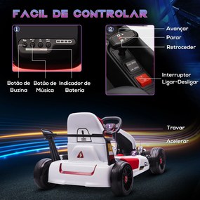 HOMCOM Kart Elétrico para Crianças de 4-8 Anos Go Kart Racing de Bateria 12V com Velocidade 3-6 km/h Controlo Remoto Música Buzina Carga Máxima 50kg 116x74x57,5cm Branco