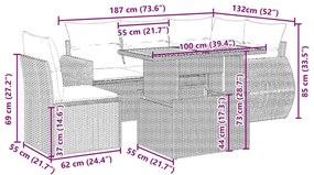6 pcs conjunto de sofás p/ jardim com almofadões vime PE bege
