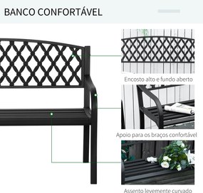 Banco de Jardim de 2 Lugares com Encosto Decorativo e Apoio para os Braços para Terraço Varanda Pátio Exterior Carga 280kg Ferro Fundido e Aço 128x58,