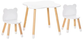 HOMCOM Conjunto Infantil de Mesa e 2 Cadeiras de Madeira Móveis Infantil para Sala de Jogos Dormitório de Crianças Mesa 56x56x50cm e Cadeira 28x25x46cm Branco