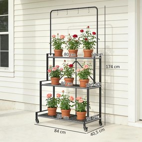 Suporte para plantas de 3 níveis com Rodas 84 x 40,5 x 174 cm, prateleira dobrável para flores em metal com 4 ganchos, preto