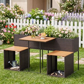 Conjunto de Canteiro Elevado, Mesa e 2 Cadeiras de Jardim, 150 x 70 x 73 cm, Arrumação Integrada, Castanho