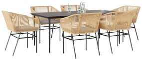 Conjunto jantar jardim 7 peças almofadas vidro vime PE castanho