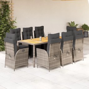 vidaXL 9 pcs conjunto de jantar p/ jardim c/ almofadões vime PE cinza
