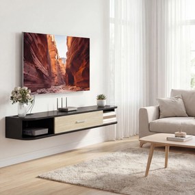 Móvel de TV suspenso de 120 (L) x 26 (P) x 16 (A) cm, para televisores até 50 polegadas, com porta rebatível, 2 prateleiras abertas preto e cor carval