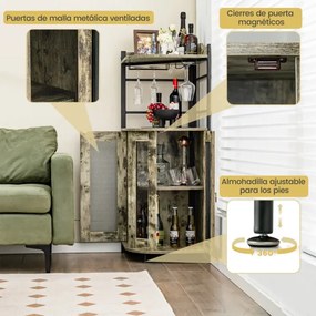 Garrafeira de canto com suporte para copos de vidro Portas em rede metálica Estante ajustável Armário para vinhos ajustável para cozinha Sala de janta
